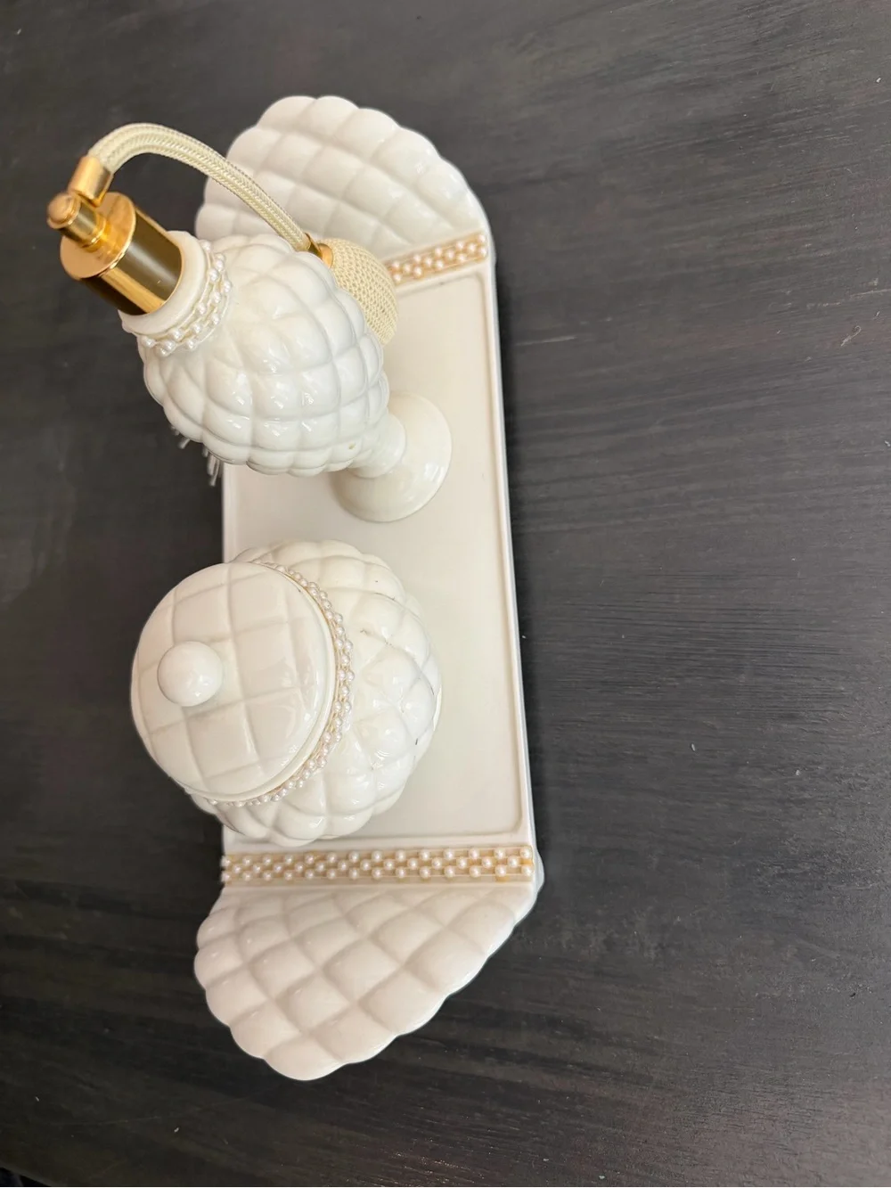 Vintage 1990 Avon Quilted White Porcelain Faux Pearl Vanity Set (3-Piece)